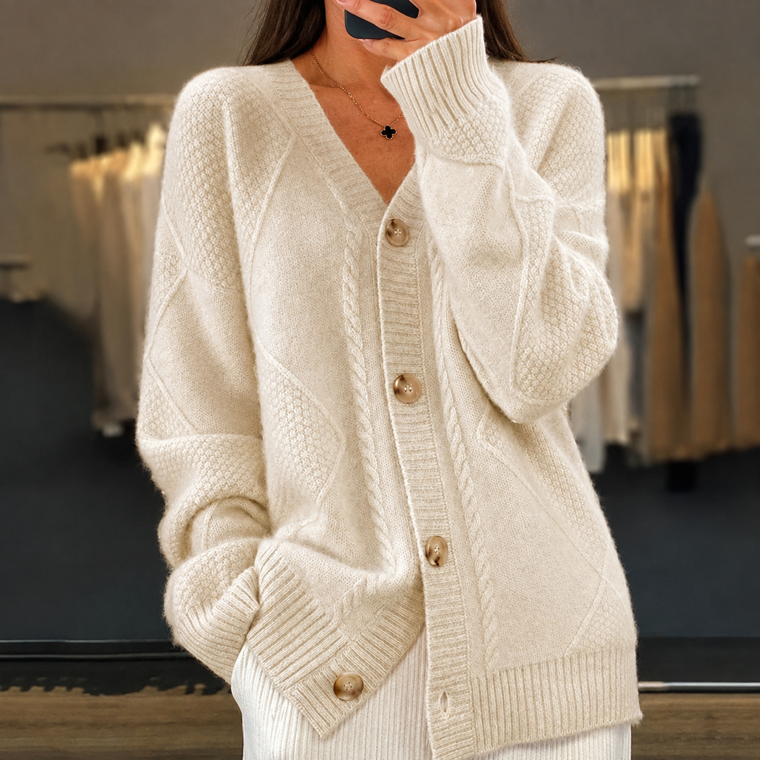 Aaliyah™ | Button-Front V-Neck Cardigan with Diamond Knit