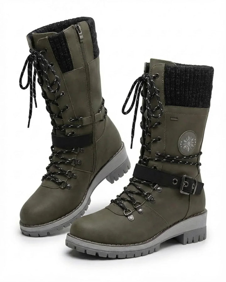 Cordelia™ | Knit-cuff buckle-strapped lace-up hiking boots