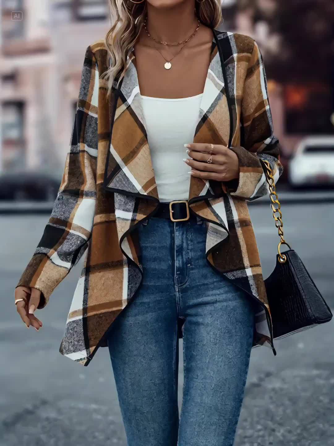 Yousra™ | Plaid Open-Front Waterfall Cardigan