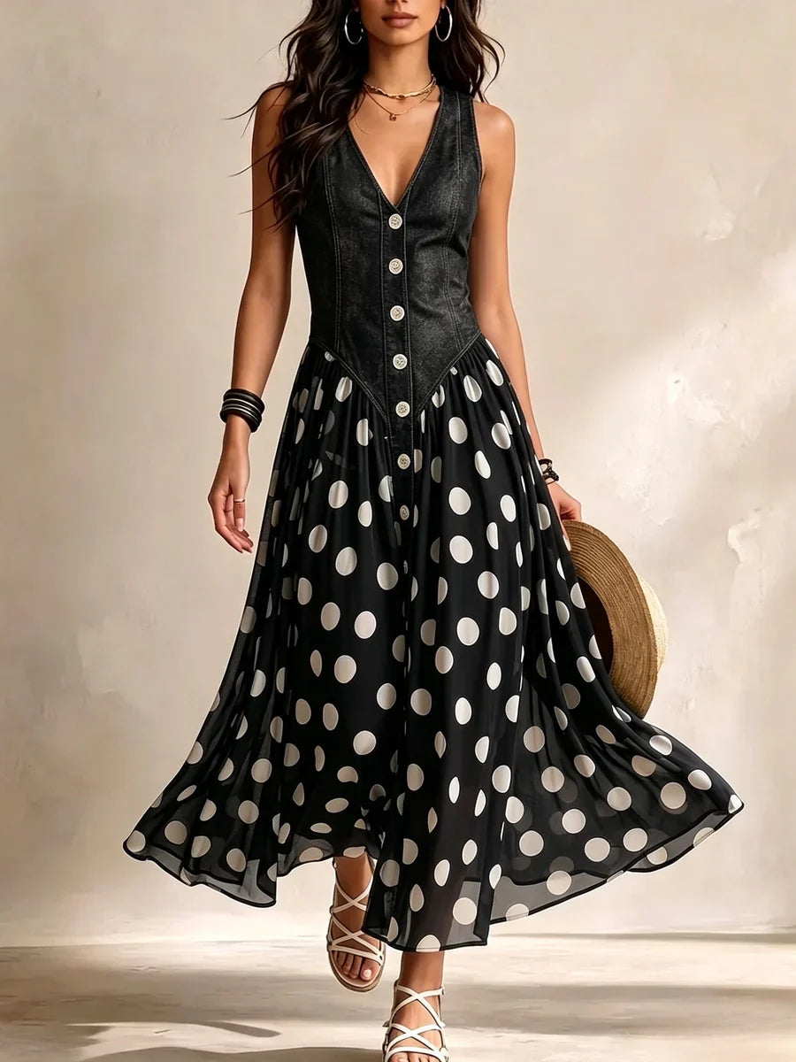 Adeline | Long Polka Dot Denim Dress