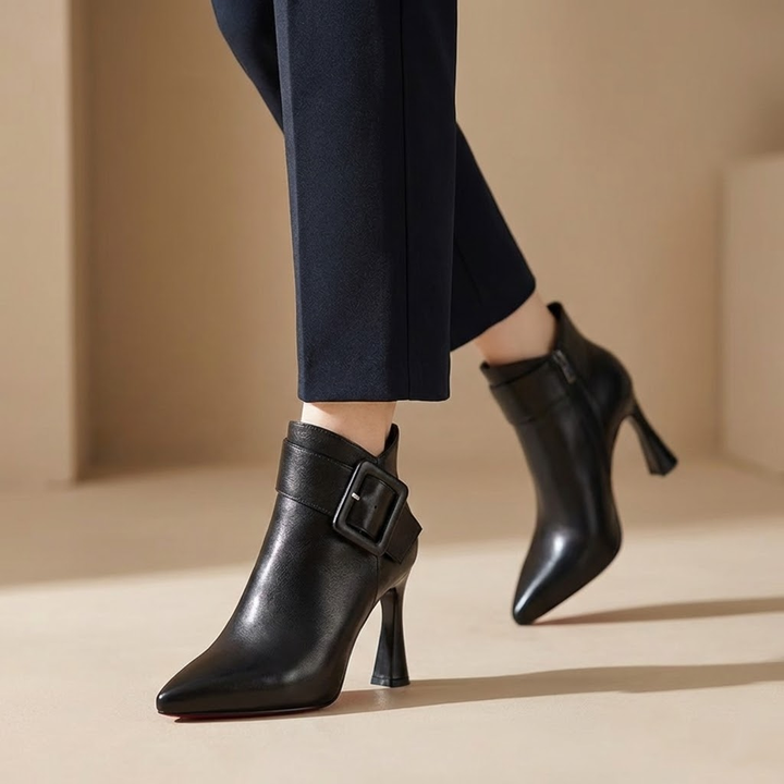 VALÉNIA™ – Oversized Buckle Heeled Ankle Boots