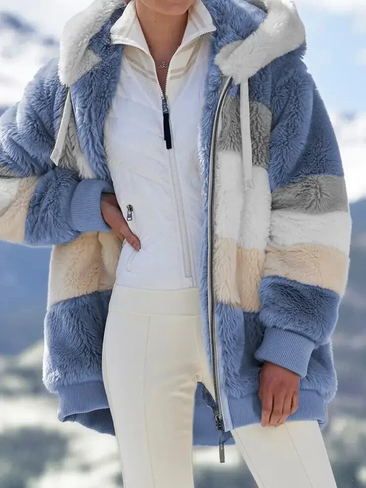 Daria™ | Colorblock Stripe Fuzzy Hooded Zip-Up Jacket