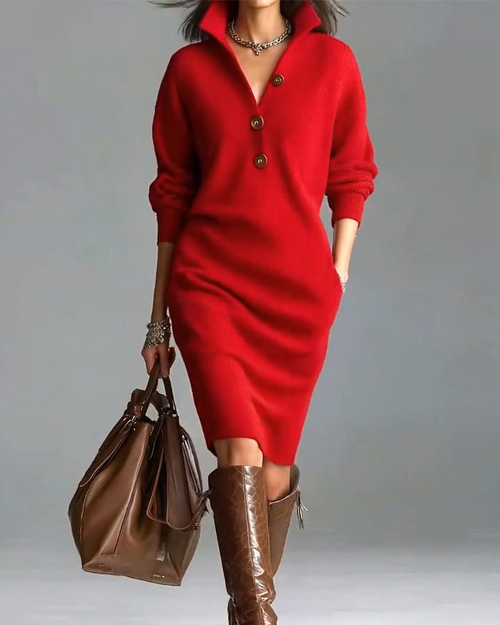 Rosetta™ | Ribbed Knit Button-Front Polo Sweater Dress