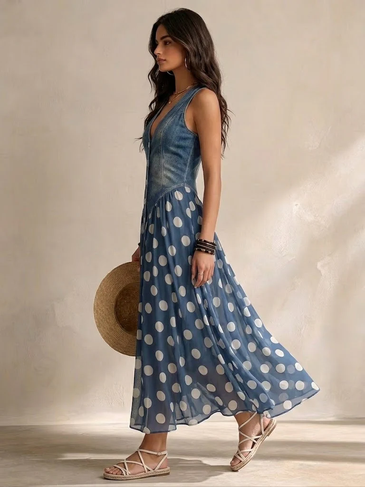 Adeline | Long Polka Dot Denim Dress