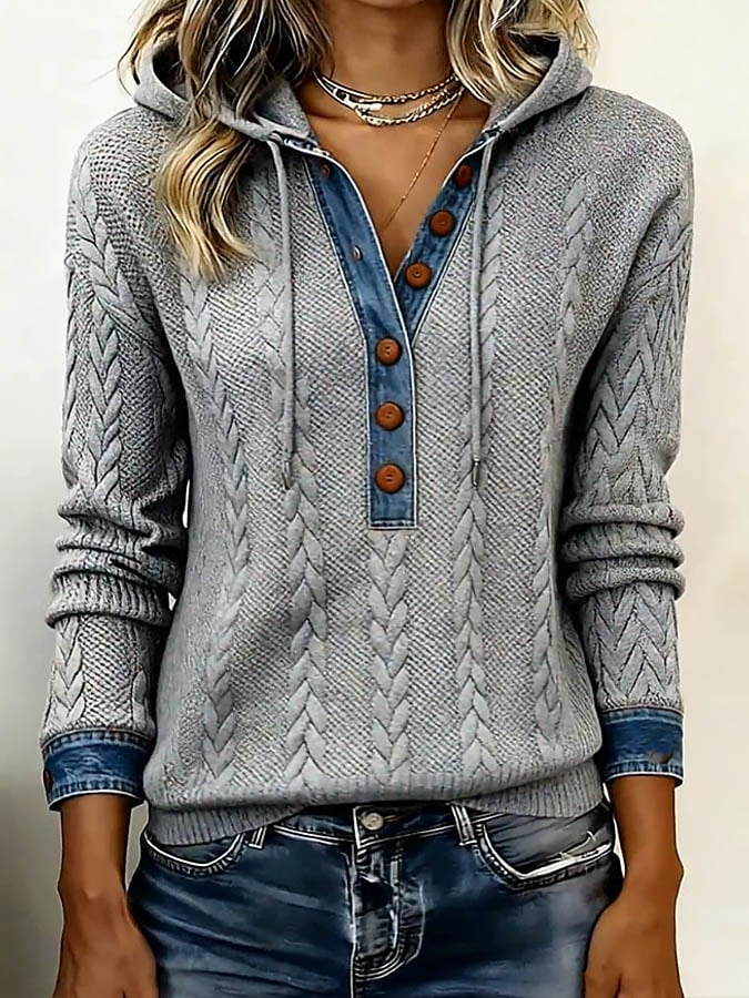Elise™ | Cable-knit hooded Henley sweater