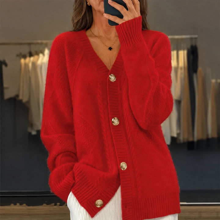 Aaliyah™ | Button-Front V-Neck Cardigan with Diamond Knit