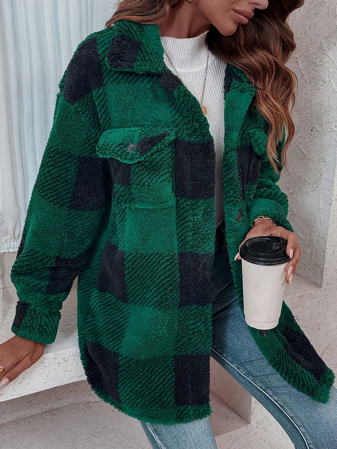 Lilou™ | Fleece Plaid Button-Up Shacket Jacket