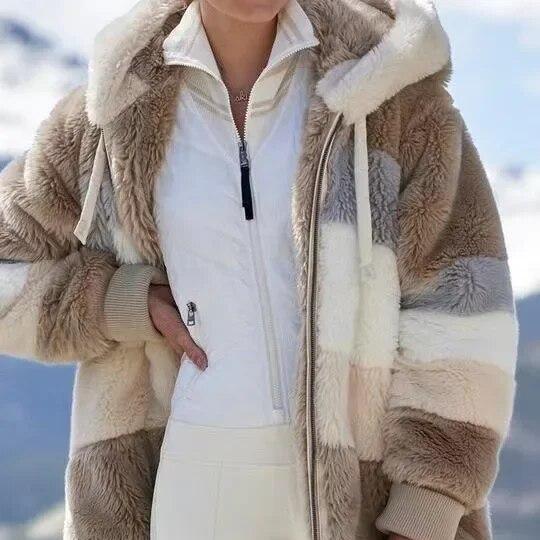 Daria™ | Colorblock Stripe Fuzzy Hooded Zip-Up Jacket
