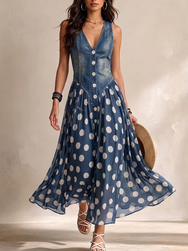 Adeline | Long Polka Dot Denim Dress