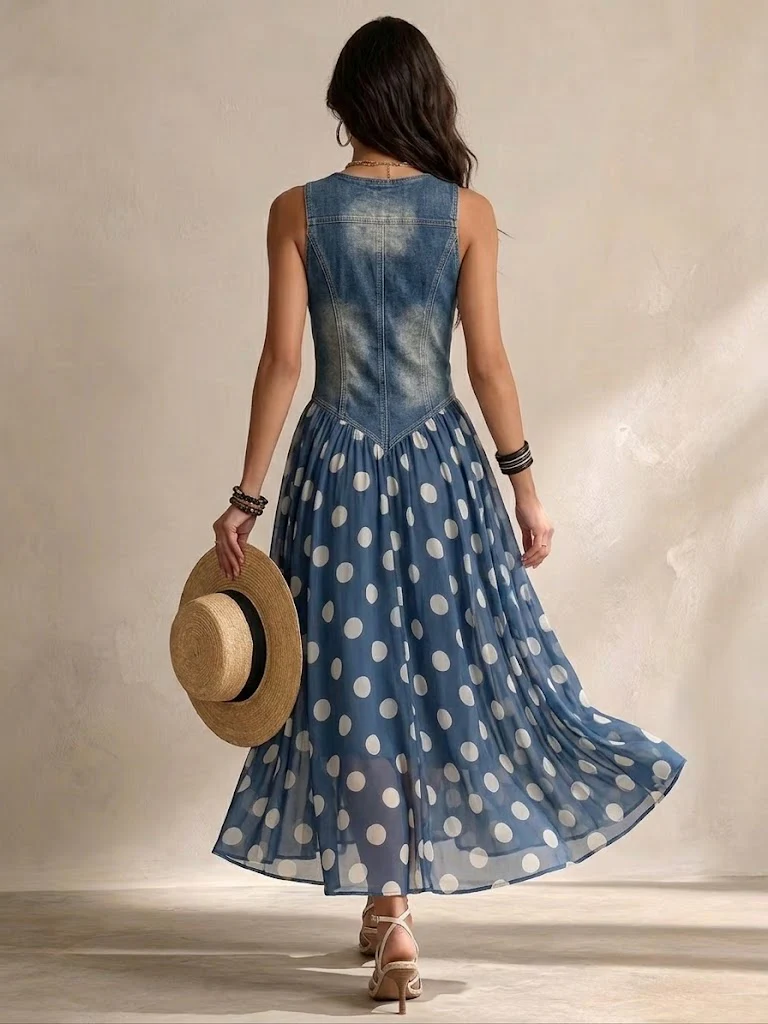Adeline | Long Polka Dot Denim Dress