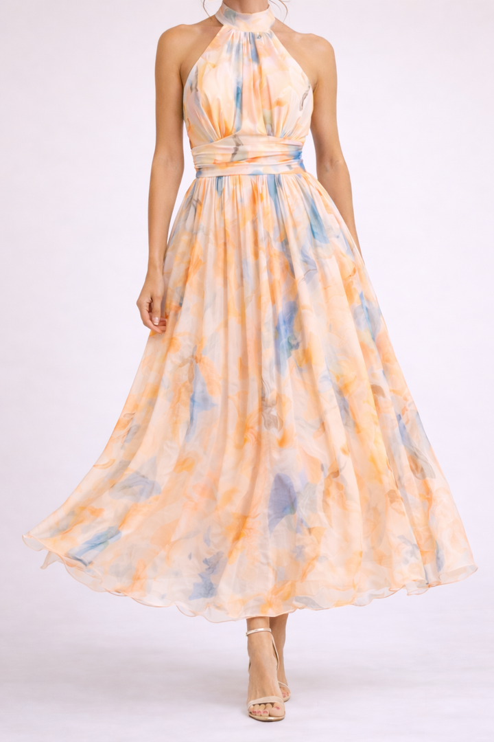CAMILLE™ – Watercolor Halter Midi Dress