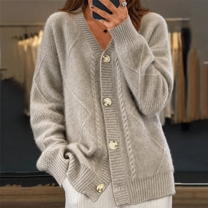 Aaliyah™ | Button-Front V-Neck Cardigan with Diamond Knit