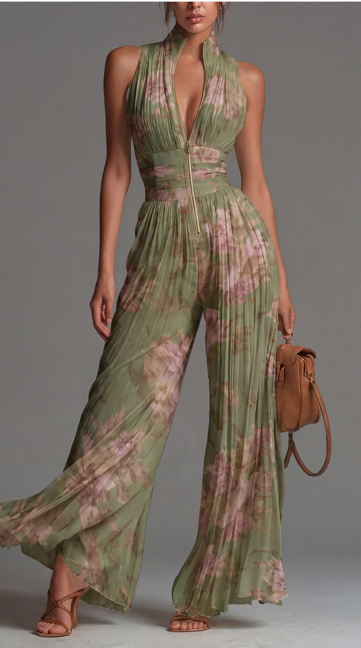 Ariana Jumpsuit | Pleated Chiffon Jumpsuit in Green