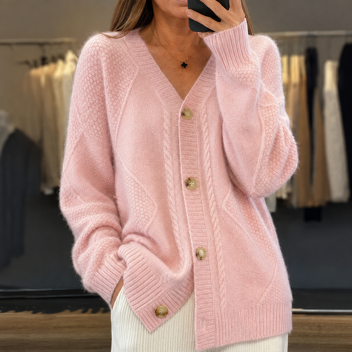 Aaliyah™ | Button-Front V-Neck Cardigan with Diamond Knit