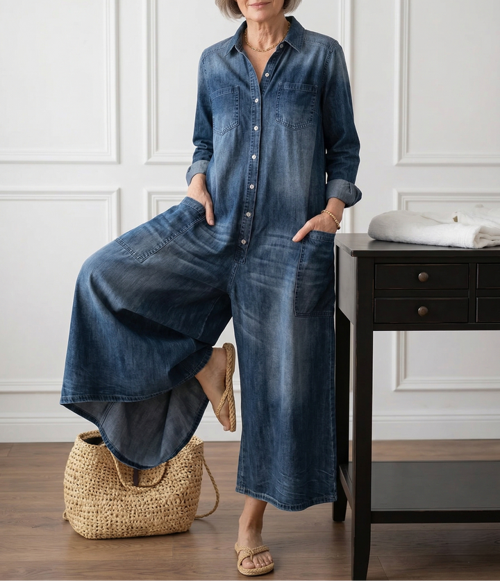 Diana | Vintage Soft Washed Cotton Denim Button Jumpsuit