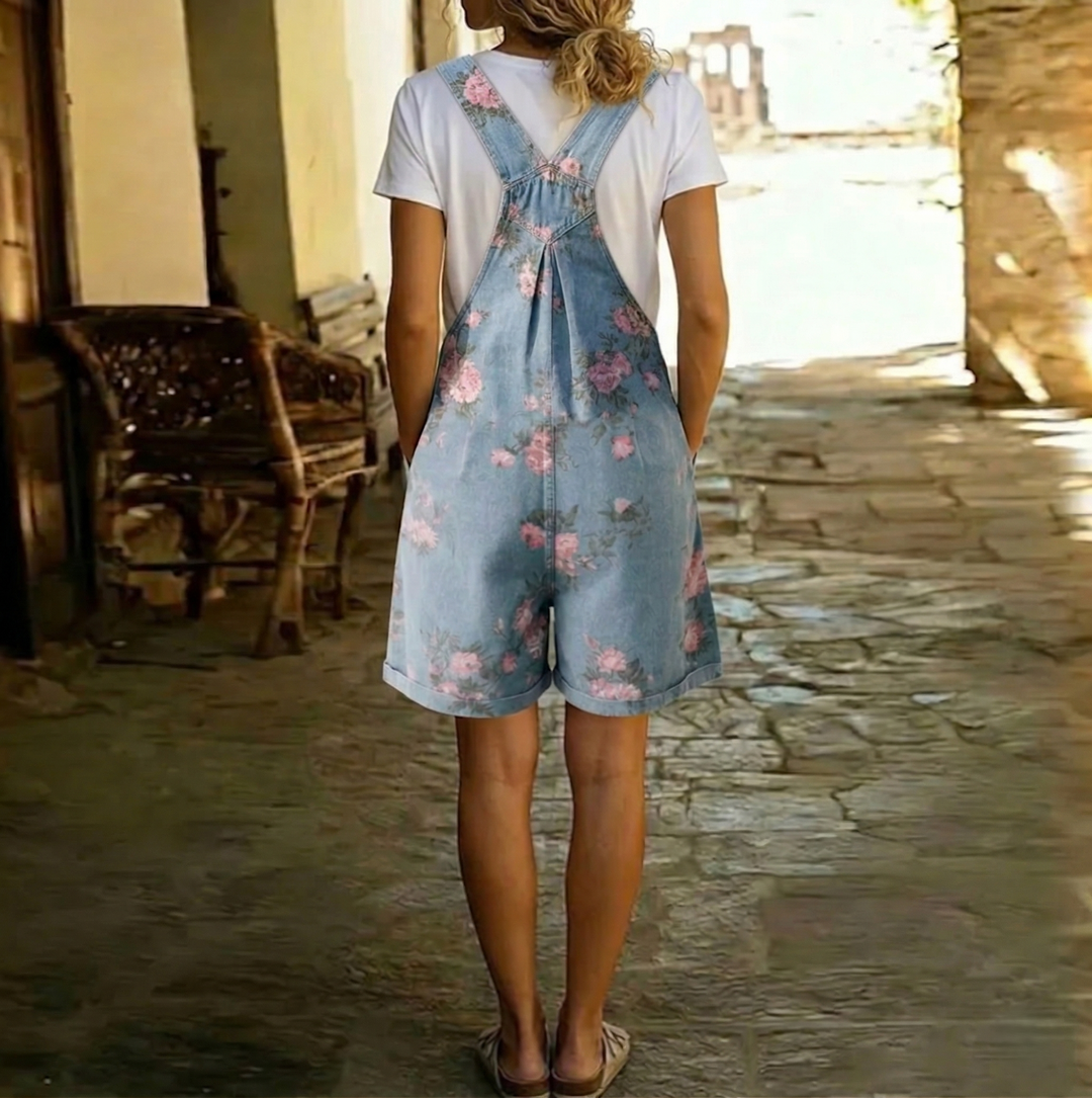 Judy | Vintage Washed Soft Cotton Denim Floral Overalls