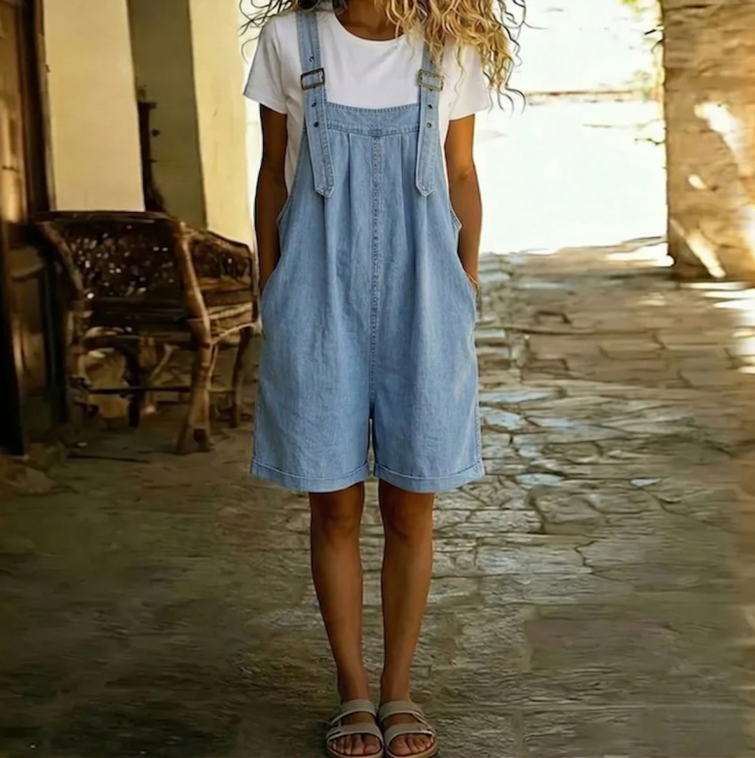 Clara | Light Blue Vintage Washed Soft Cotton Denim Overalls