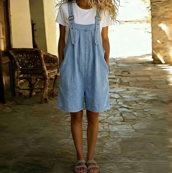 Clara | Light Blue Vintage Washed Soft Cotton Denim Overalls