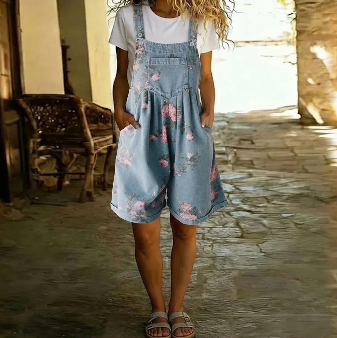 Judy | Vintage Washed Soft Cotton Denim Floral Overalls