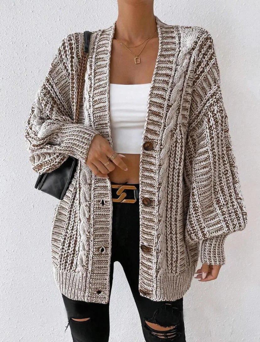 Hortense™ | Cable-Detail Buttoned Oversized Cardigan