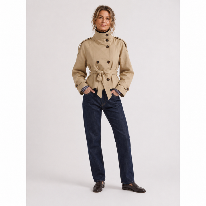 Beige Double-Breasted Belted Cropped Trench Coat