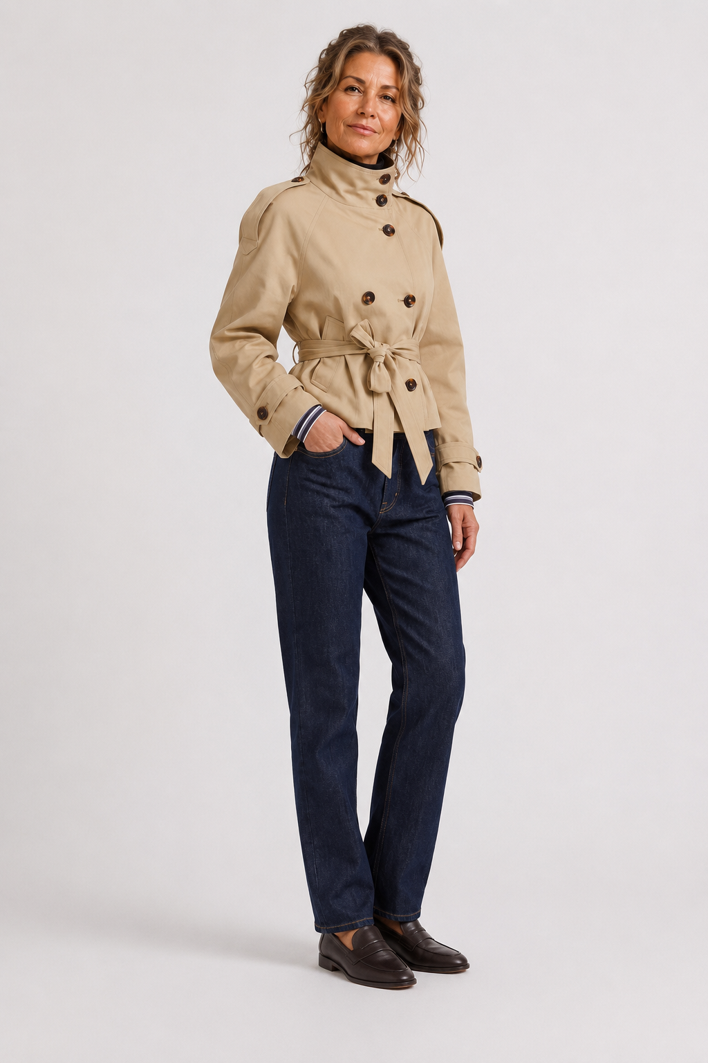 Beige Double-Breasted Belted Cropped Trench Coat