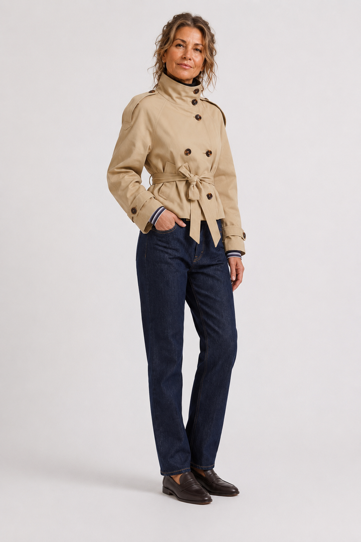 Beige Double-Breasted Belted Cropped Trench Coat