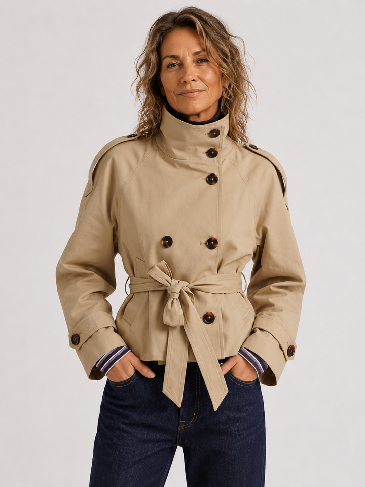 Beige Double-Breasted Belted Cropped Trench Coat