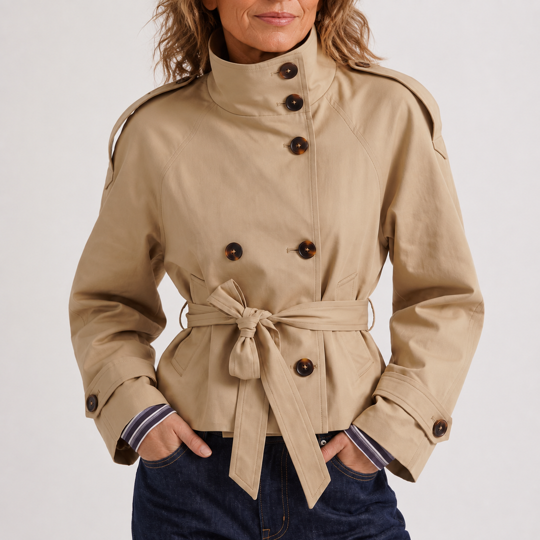 Beige Double-Breasted Belted Cropped Trench Coat