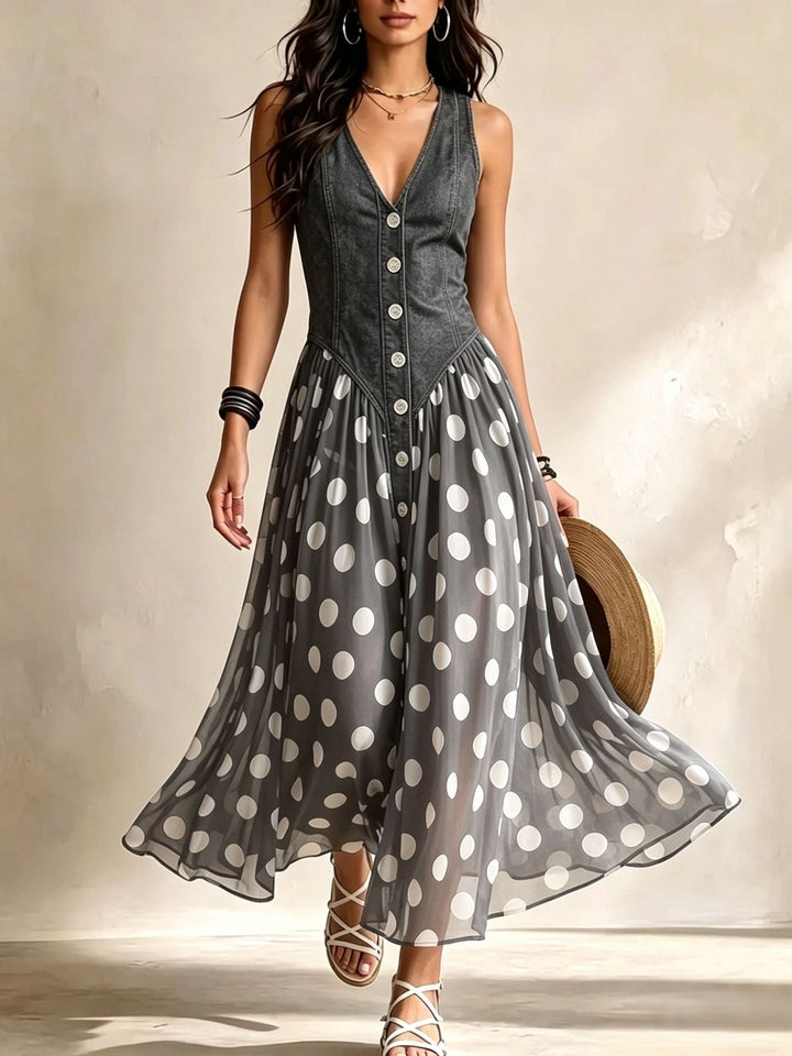 Adeline | Long Polka Dot Denim Dress
