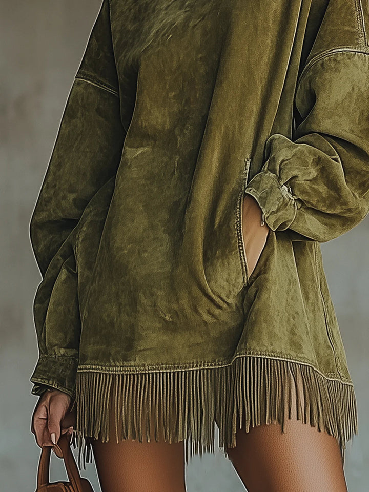 Francine™ | Washed Fringe-Hem Mock-Neck Sweatshirt Dress