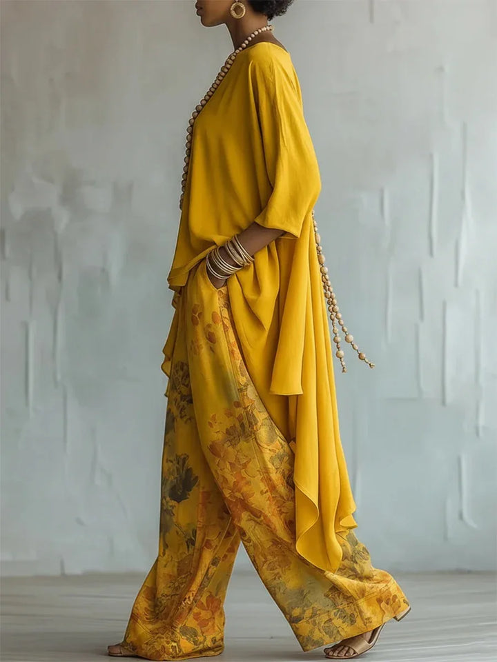 Amanda | Women's Printed Asymmetric Top & Wide-Leg Pants Set