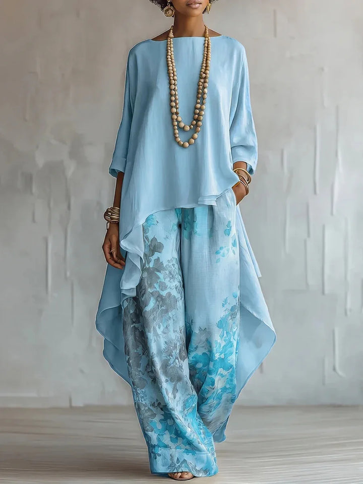 Amanda | Women's Printed Asymmetric Top & Wide-Leg Pants Set