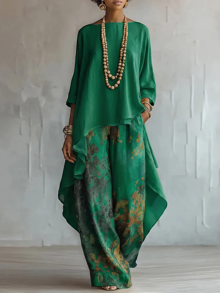 Amanda | Women's Printed Asymmetric Top & Wide-Leg Pants Set