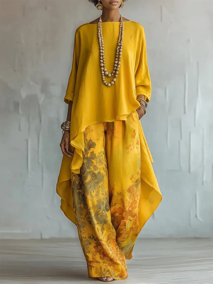 Amanda | Women's Printed Asymmetric Top & Wide-Leg Pants Set