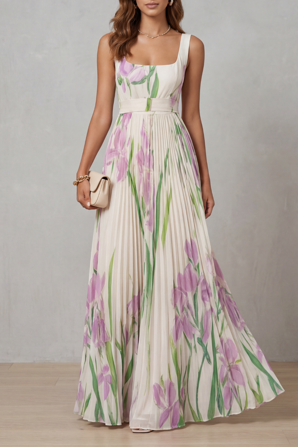 Women's Watercolour Floral Pleated Maxi Dress with Square Neckline