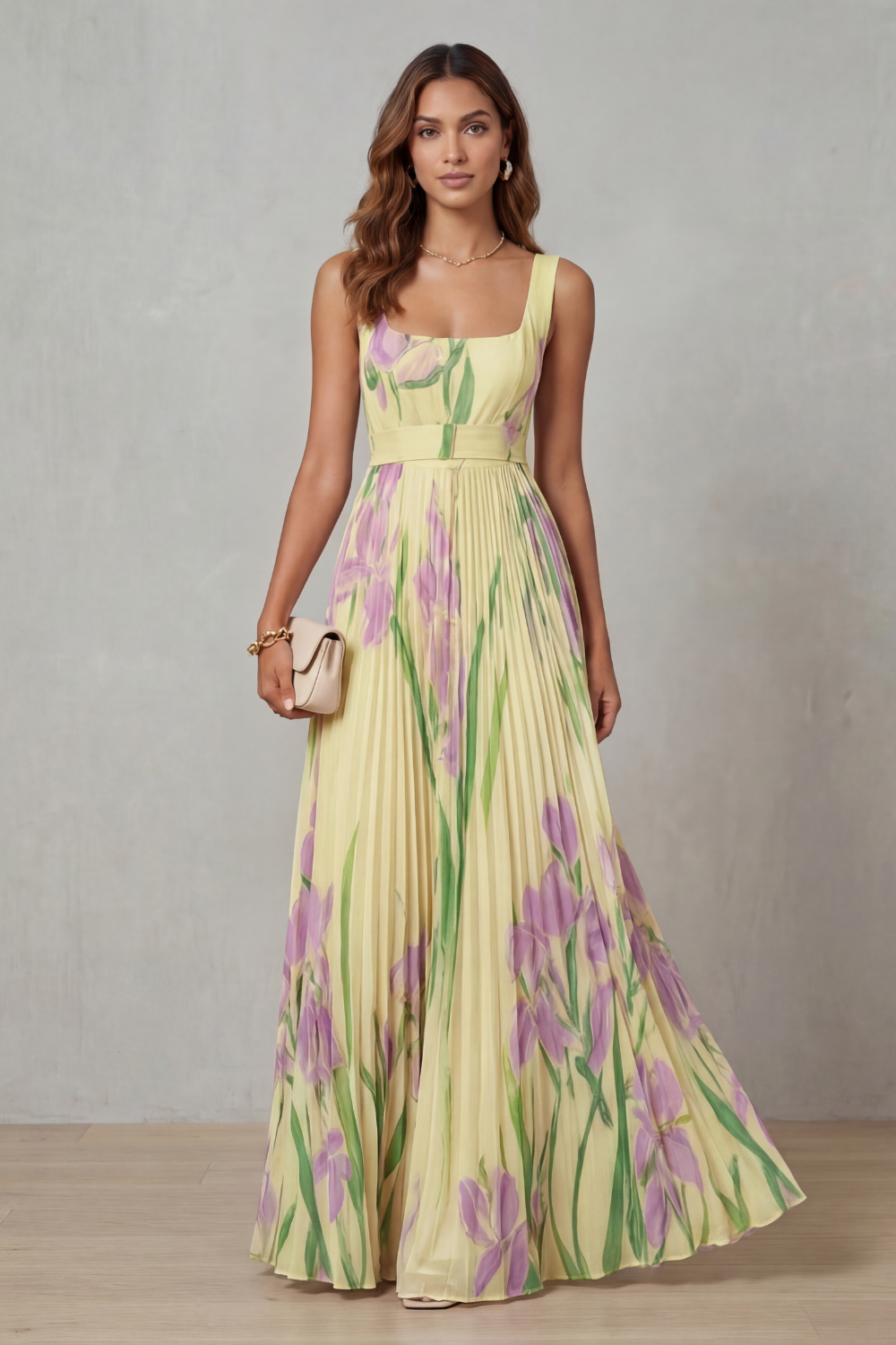 Women's Watercolour Floral Pleated Maxi Dress with Square Neckline