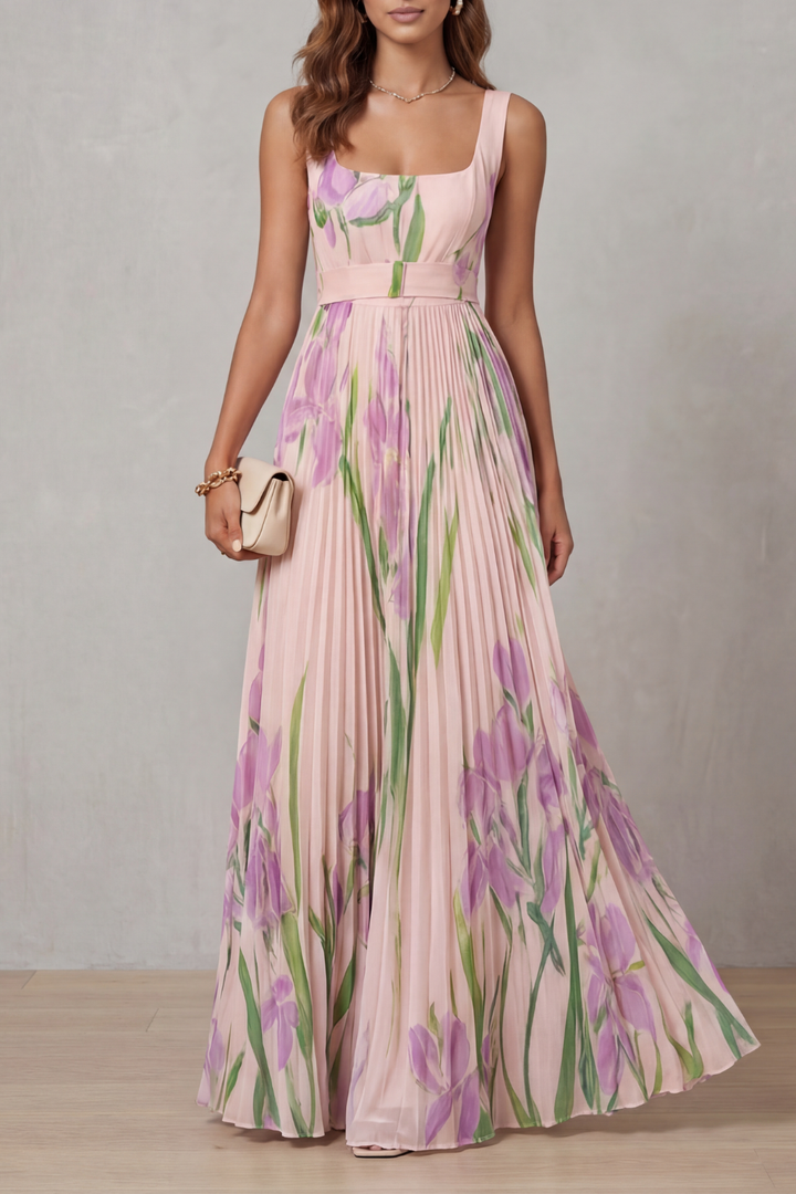 Women's Watercolour Floral Pleated Maxi Dress with Square Neckline