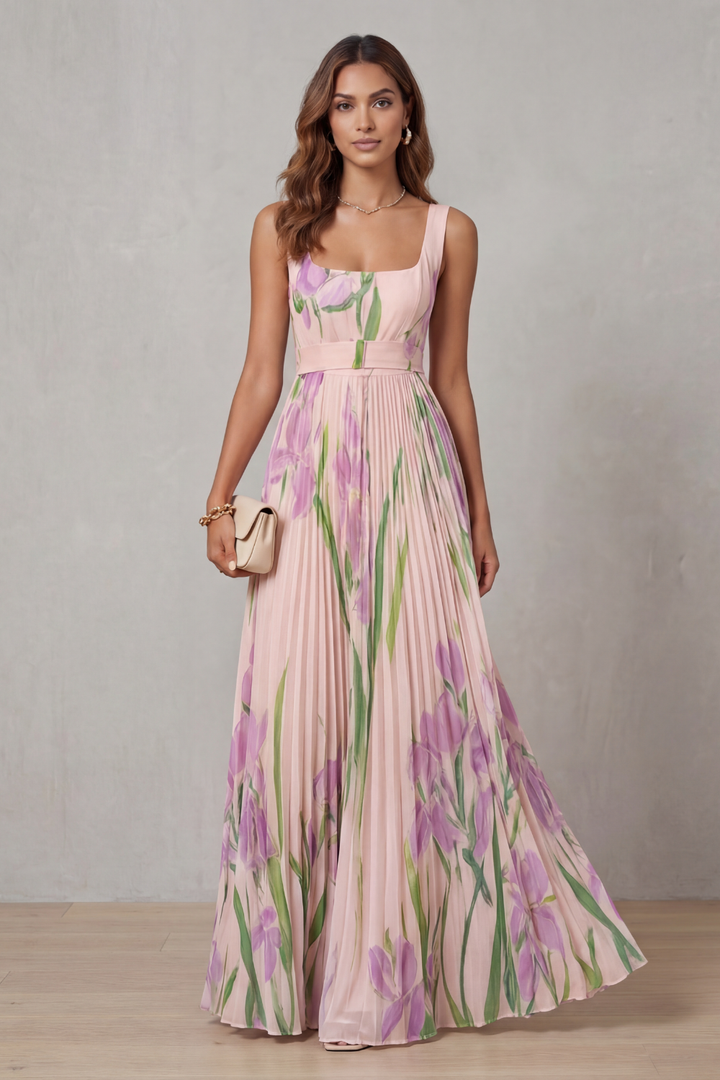 Women's Watercolour Floral Pleated Maxi Dress with Square Neckline