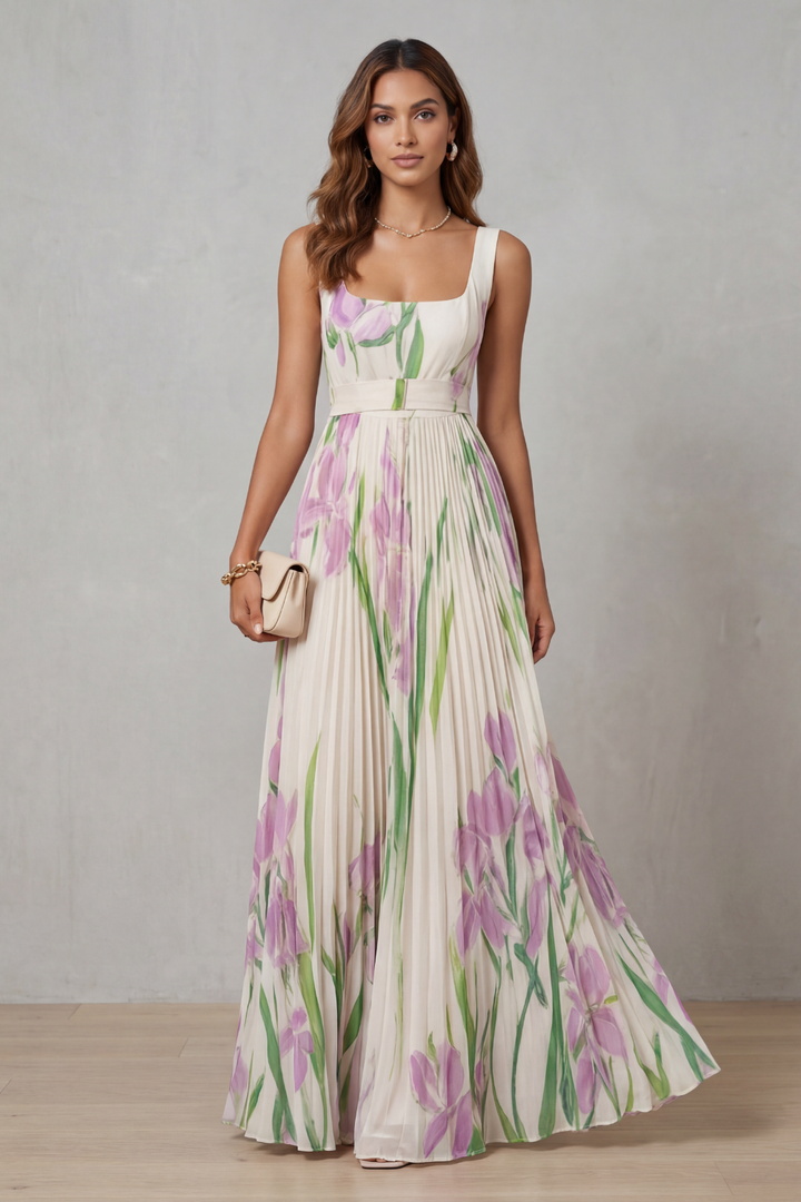 Women's Watercolour Floral Pleated Maxi Dress with Square Neckline