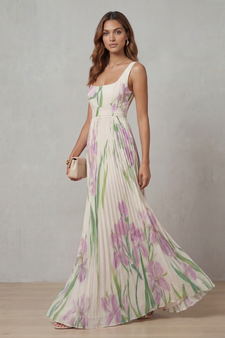 Women's Watercolour Floral Pleated Maxi Dress with Square Neckline