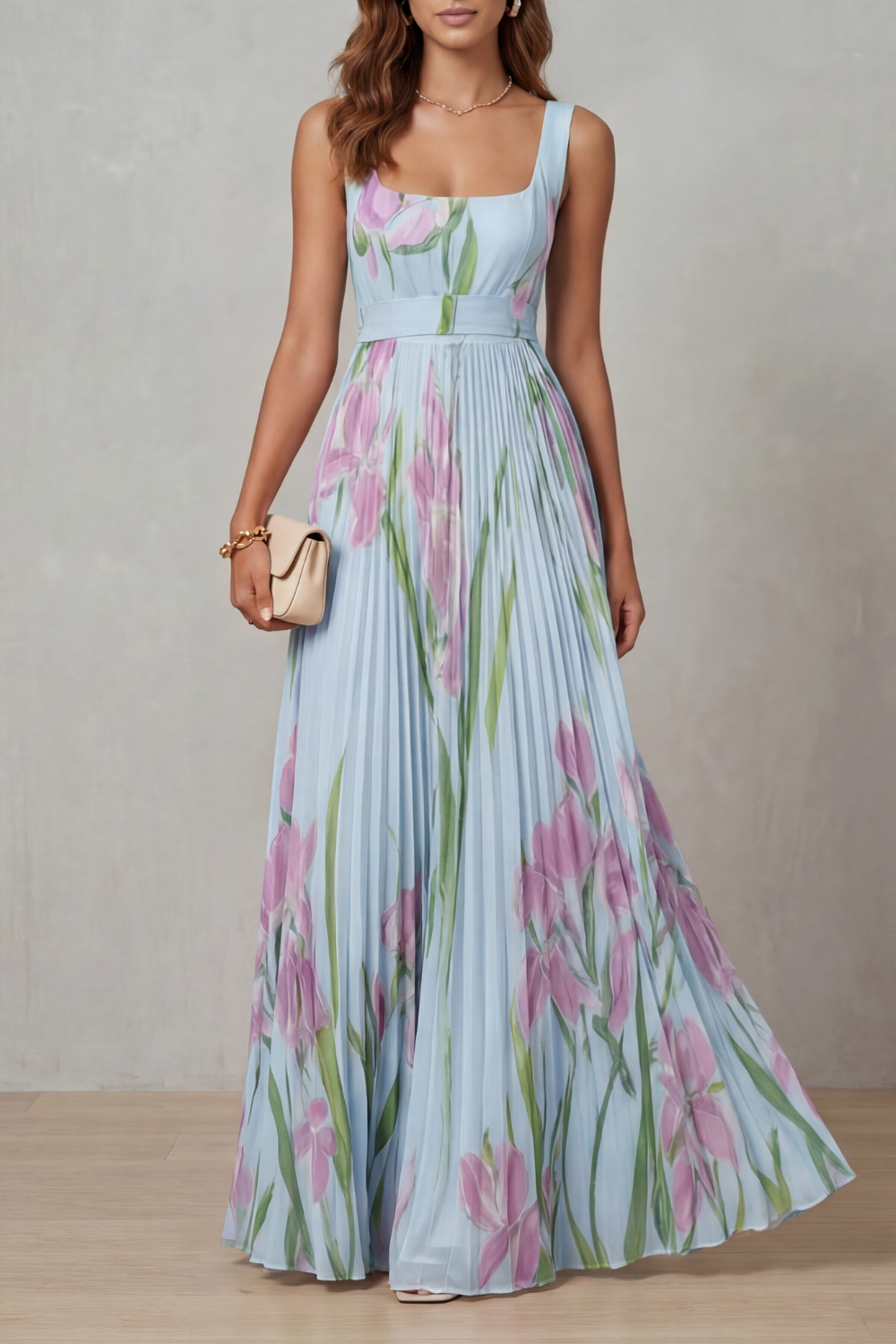 Women's Watercolour Floral Pleated Maxi Dress with Square Neckline