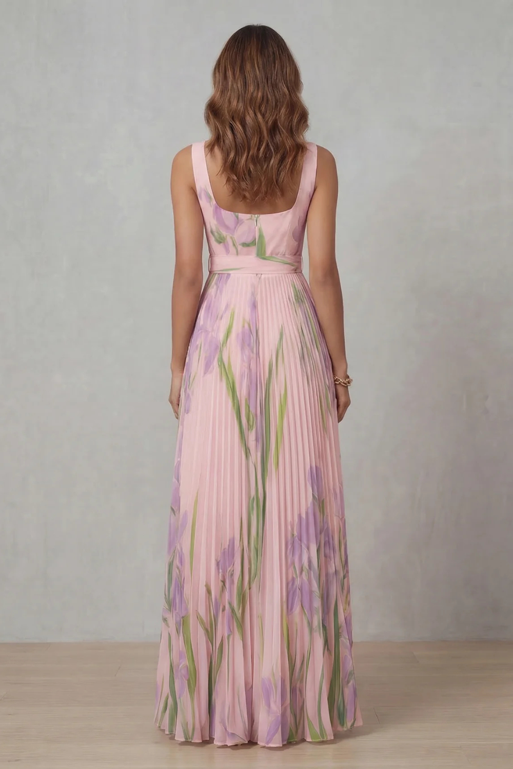 Women's Watercolour Floral Pleated Maxi Dress with Square Neckline