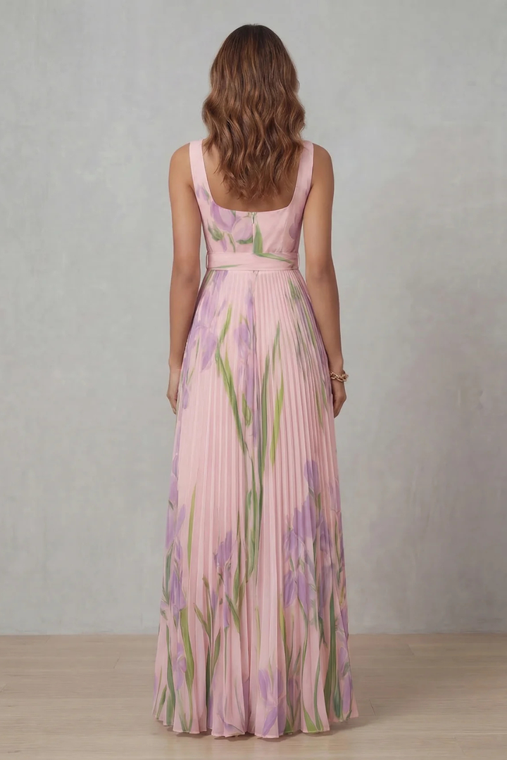 Women's Watercolour Floral Pleated Maxi Dress with Square Neckline