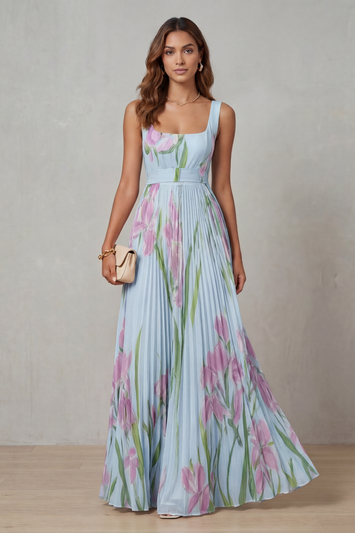 Women's Watercolour Floral Pleated Maxi Dress with Square Neckline