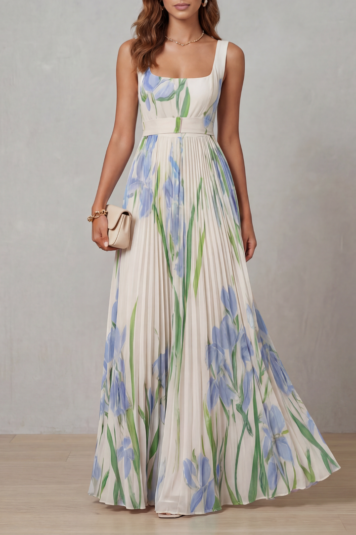 Women's Watercolour Floral Pleated Maxi Dress with Square Neckline