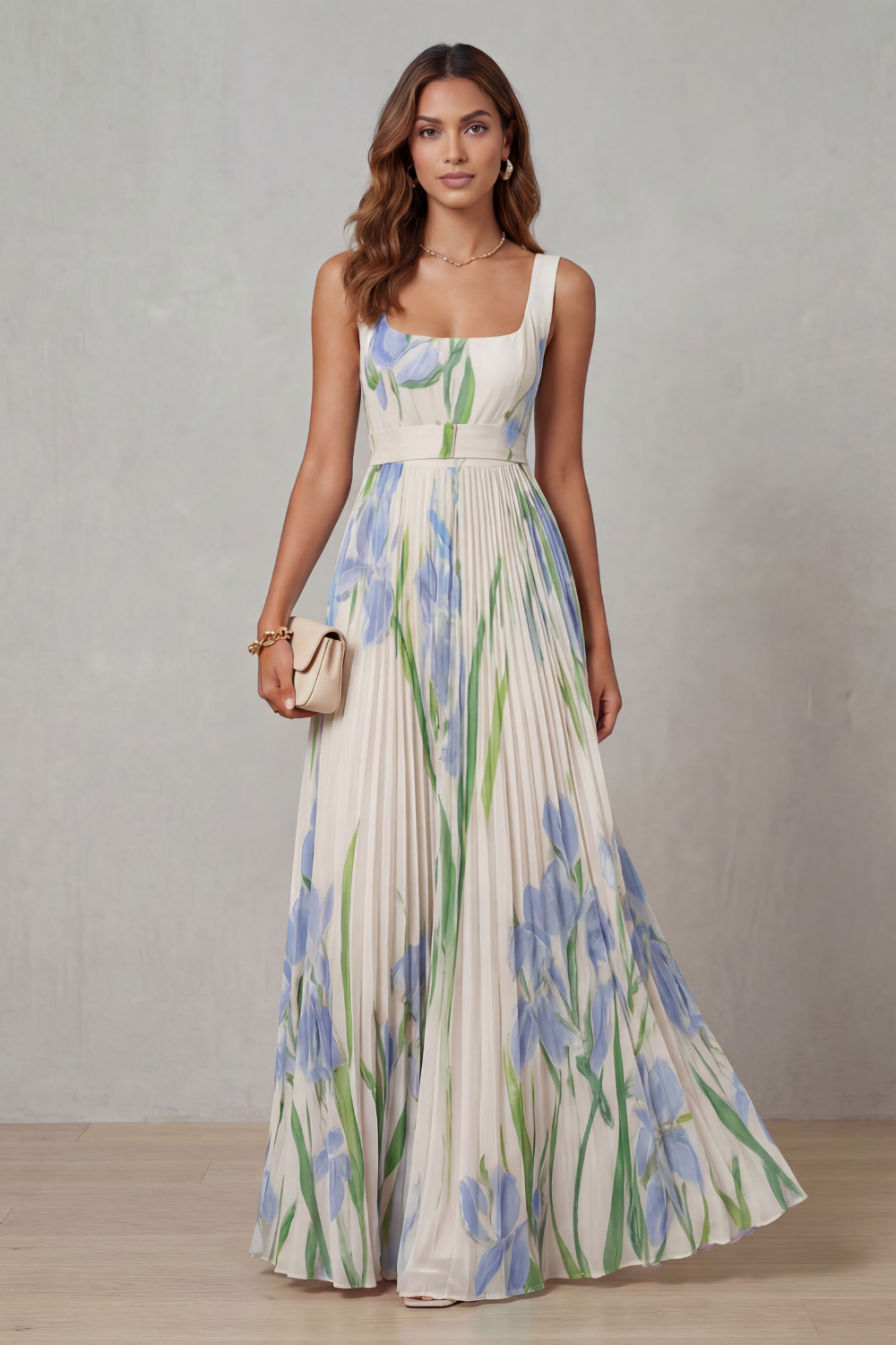 Women's Watercolour Floral Pleated Maxi Dress with Square Neckline