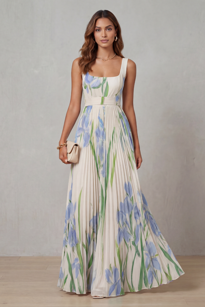 Women's Watercolour Floral Pleated Maxi Dress with Square Neckline