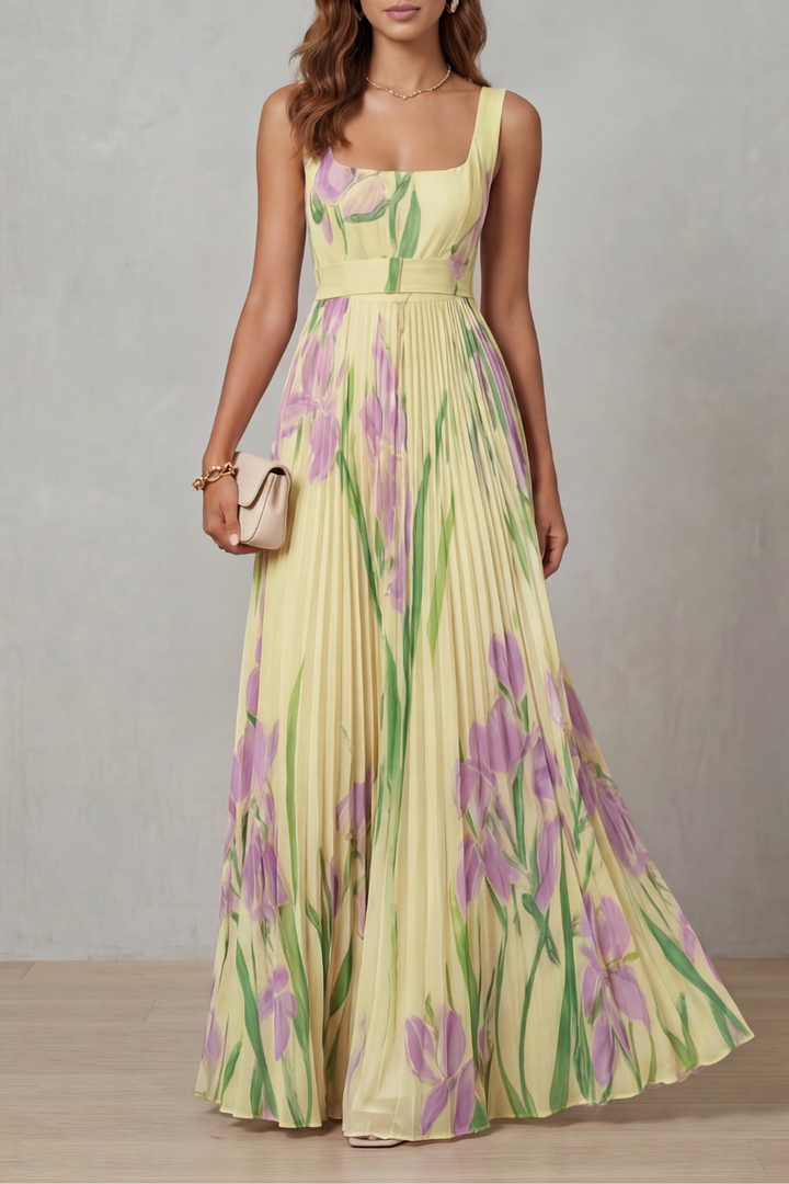 Women's Watercolour Floral Pleated Maxi Dress with Square Neckline