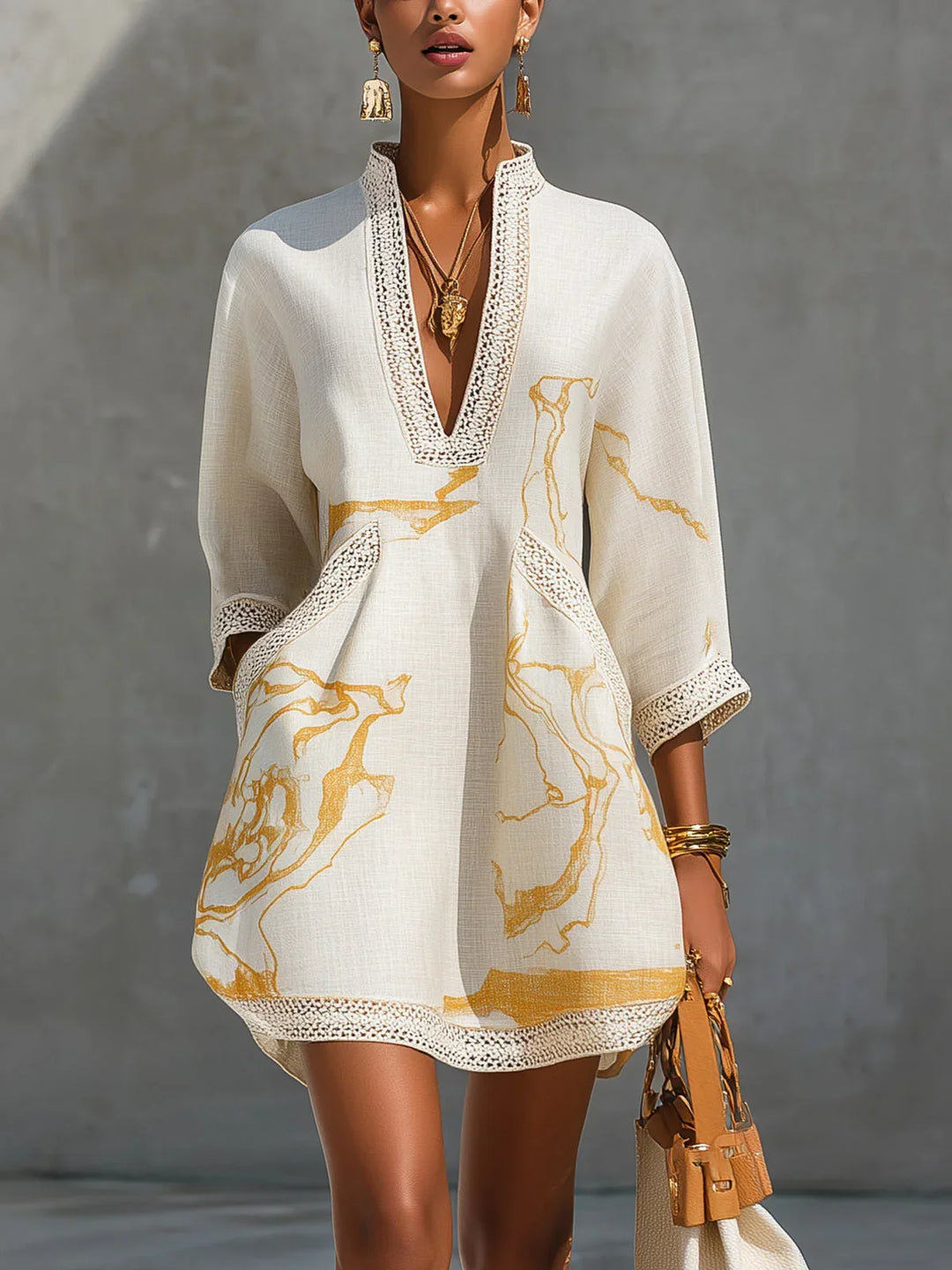 Isabella | Black Mini Dress with Gold Marble Print